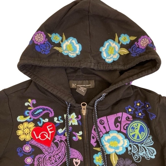INC Y2K Ed Hardy Style Peace & Love Hippie Floral Embroidery Hoodie Black S - Picture 10 of 16